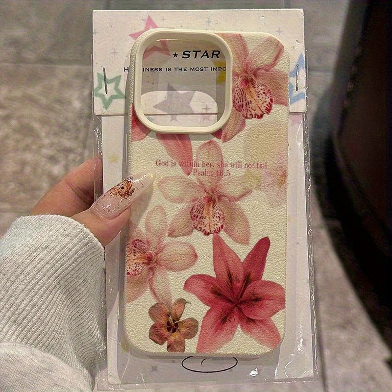 Hibiscus Rosa-Sinensis Imitation Leather Phone Case for iPhone 16 E 15 14 Plus 13 12 11 Pro Max XS Max XR XS X Shockproof Cover