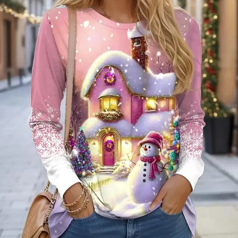 Women Sweatshirt Designer Round Neck Long Sleeve Fashion Casual Santa Claus Red New Year Graphic Print Tops Y2K Streetwear