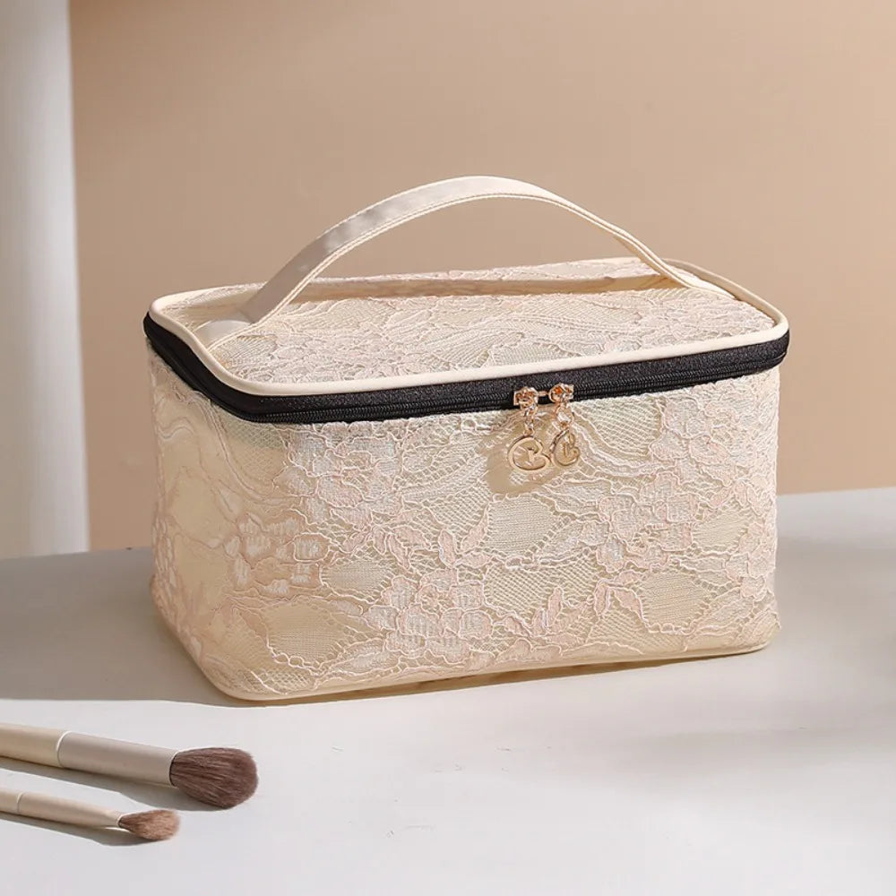 Makeup Bag Elegant Portable Makeup Bag Lace Floral Pattern Cosmetic Storage Bag Large Capacity with Handle Handbag for Women