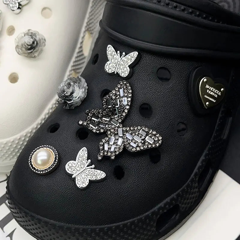 Sparkling Butterfly Flower Pearl Shoe Charms for Crocs Black White Set Clogs Pins Slipper Accessories Garden Sandals Girl Gift