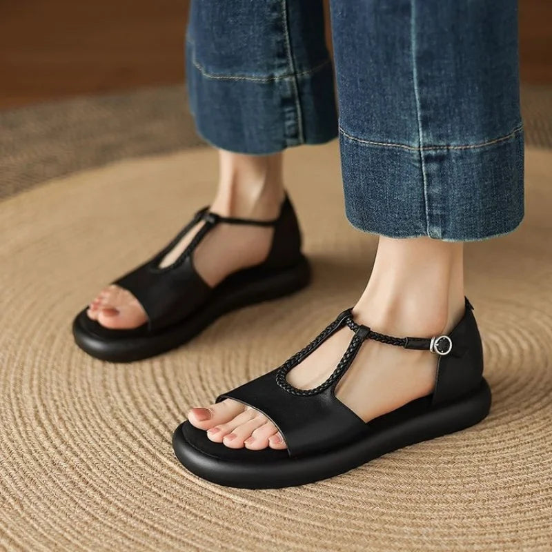 Women's Walking Sneakers,Breathable Lightweight T-Strap Flat Sandals, Comfortable Soft Leather Shoes for Square Dance&Daily Wear