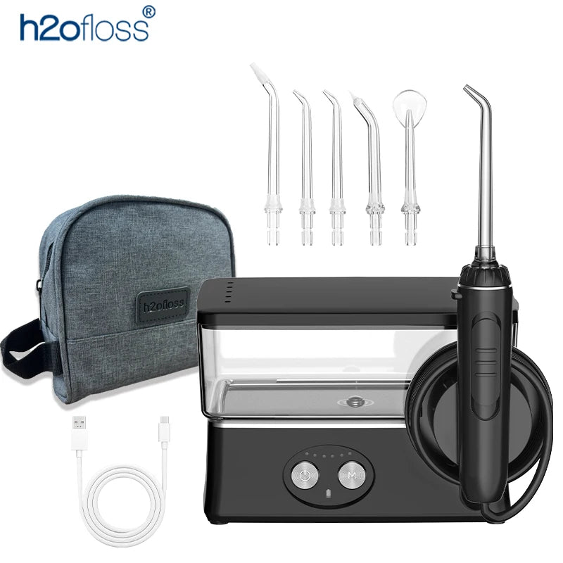 H2ofloss Water Flosser 570ml Portable Oral Irrigator 140PSI 6 Modes 5 Tips with Travel Bag USB Rechargeable for Dental Cleaning