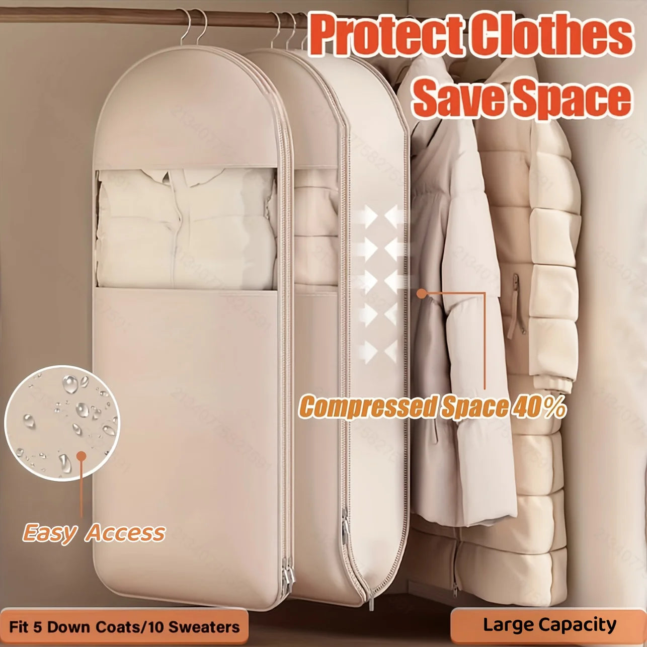 Beige Compression Hanging Bag, 40% Space-Saving Vacuum Seal, See-Through Storage with Durable Zipper for Winter Clothes