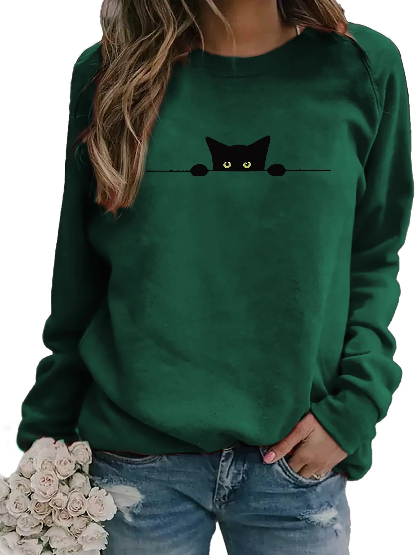 Women's Casual Blackcat Print Pullover Sweatshirt Geometric Design Long Sleeve Round Neck Machine Washable Regular Fit for Autum
