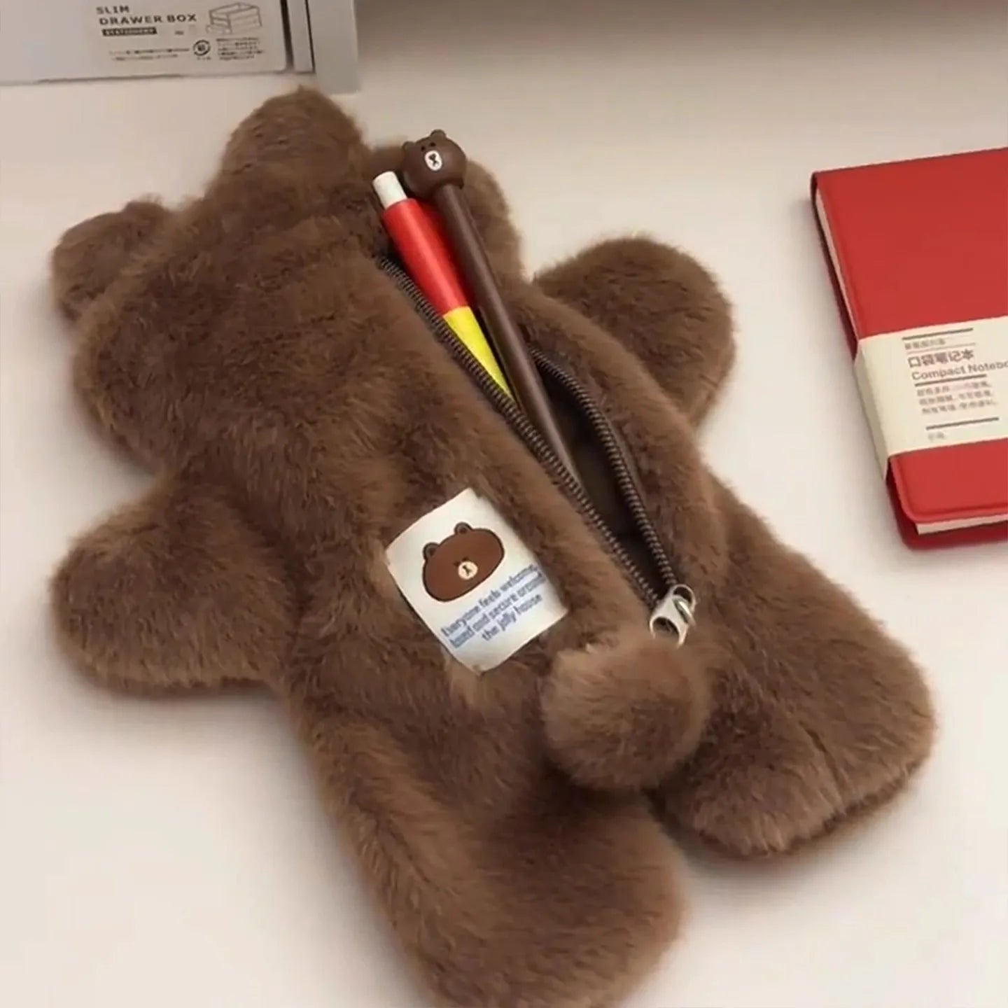Kawaii Plush Brown Cartoon Bear Alien Pencil Case Student Stationery Large Capacity Storage Pen Bag Cute Girl Makeup Bag Gifts
