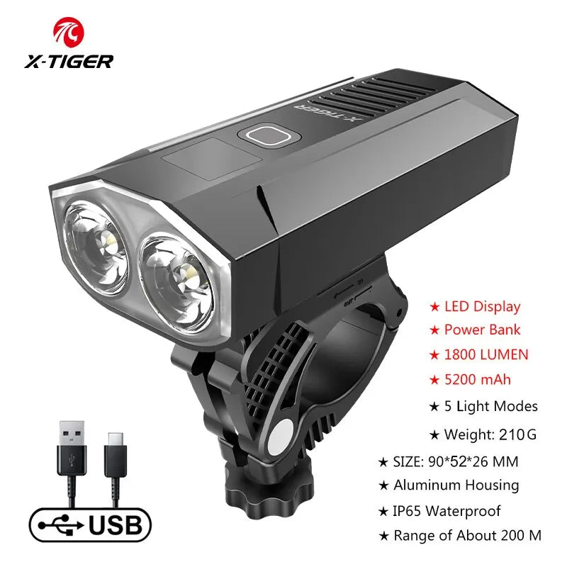 X-Tiger Bike Light Headlight Bicycle Lamp With Power Bank Rechargeable LED 5200mAh MTB Bicycle Light Flashlight Bike Accessories