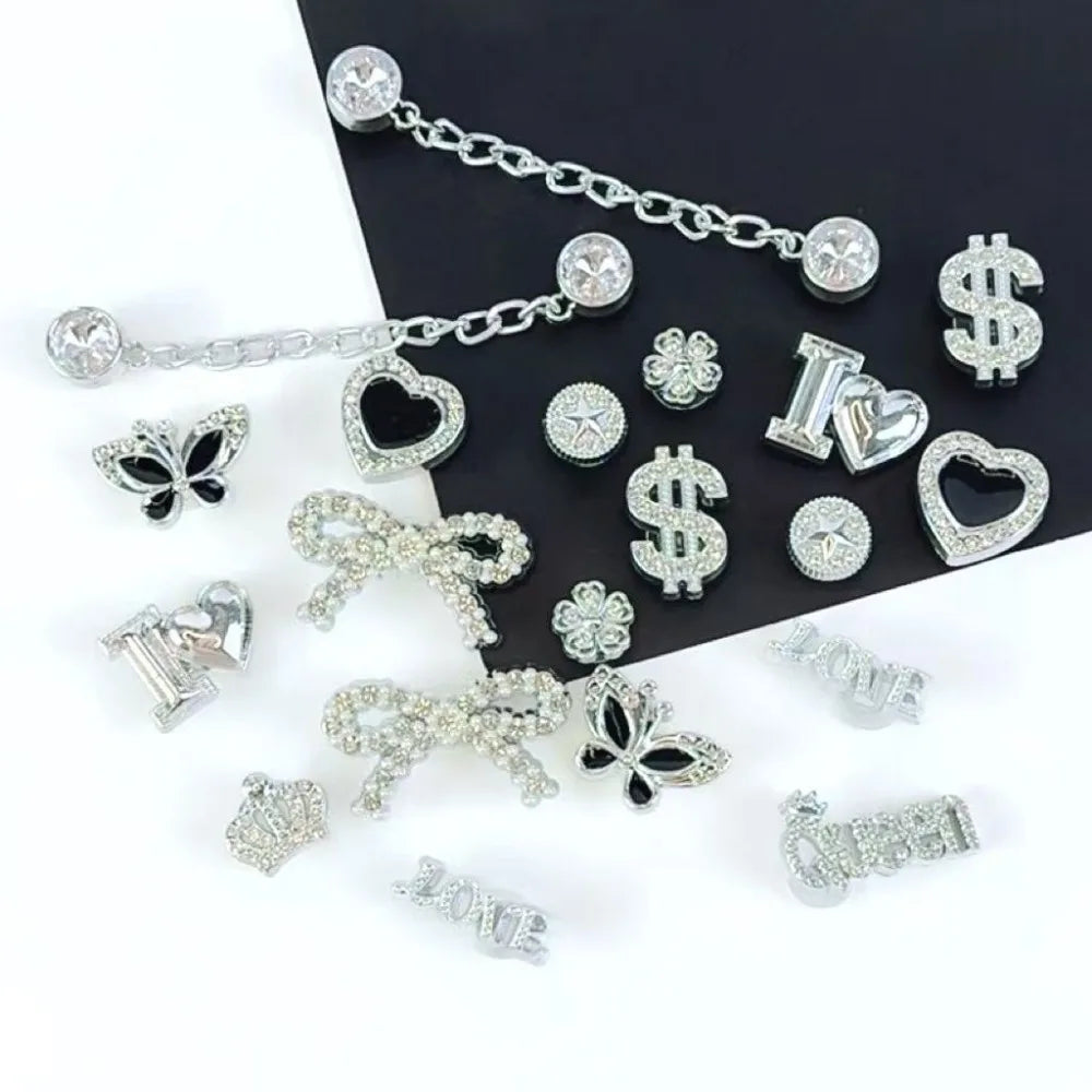 20PCS Shoe Charm Set Silver Crown Letter Butterfly Diamond Chain Shoe Decorations  Buckle for Sandals Clogs DIY Accessories Gift