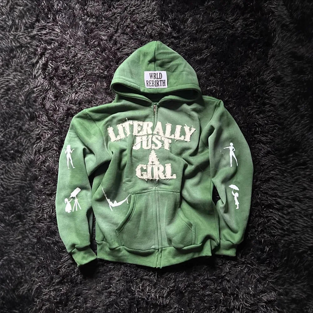 Y2K Hip Hop Hoodie Men Women 3D Print Letter Streetwear Loose Zip Up Cardigan Casual Oversized Pullover Sweatshirt Vintage Trend