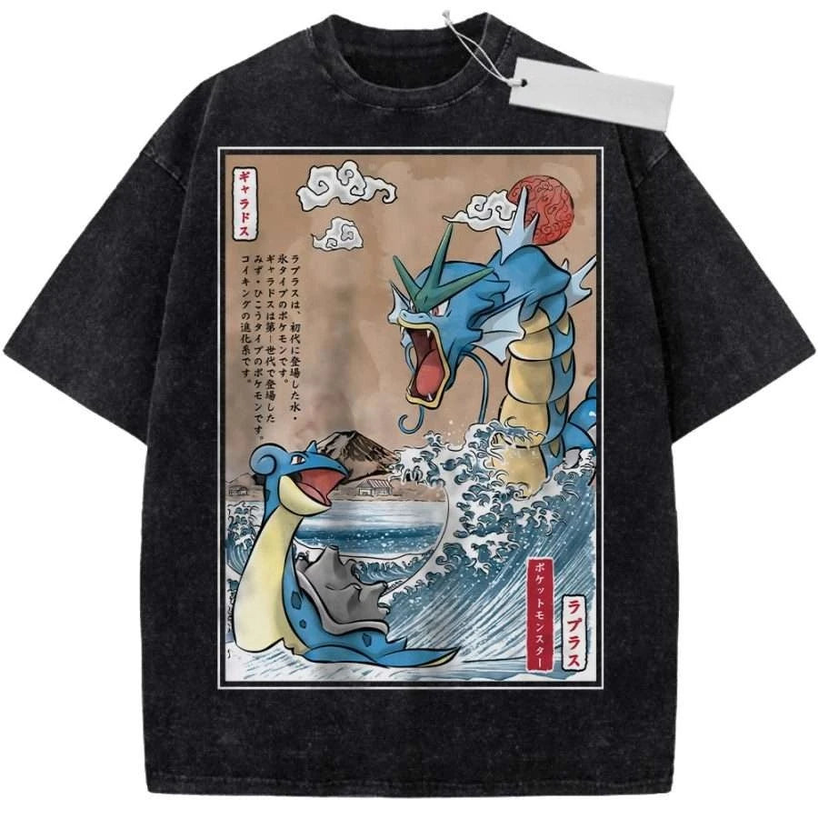 T Shirt Sports T Shirt Short Sleeve T Shirt Multi Color Unisex Pure Cotton Washed Retro Pokemon Gyarados and Lapras Print