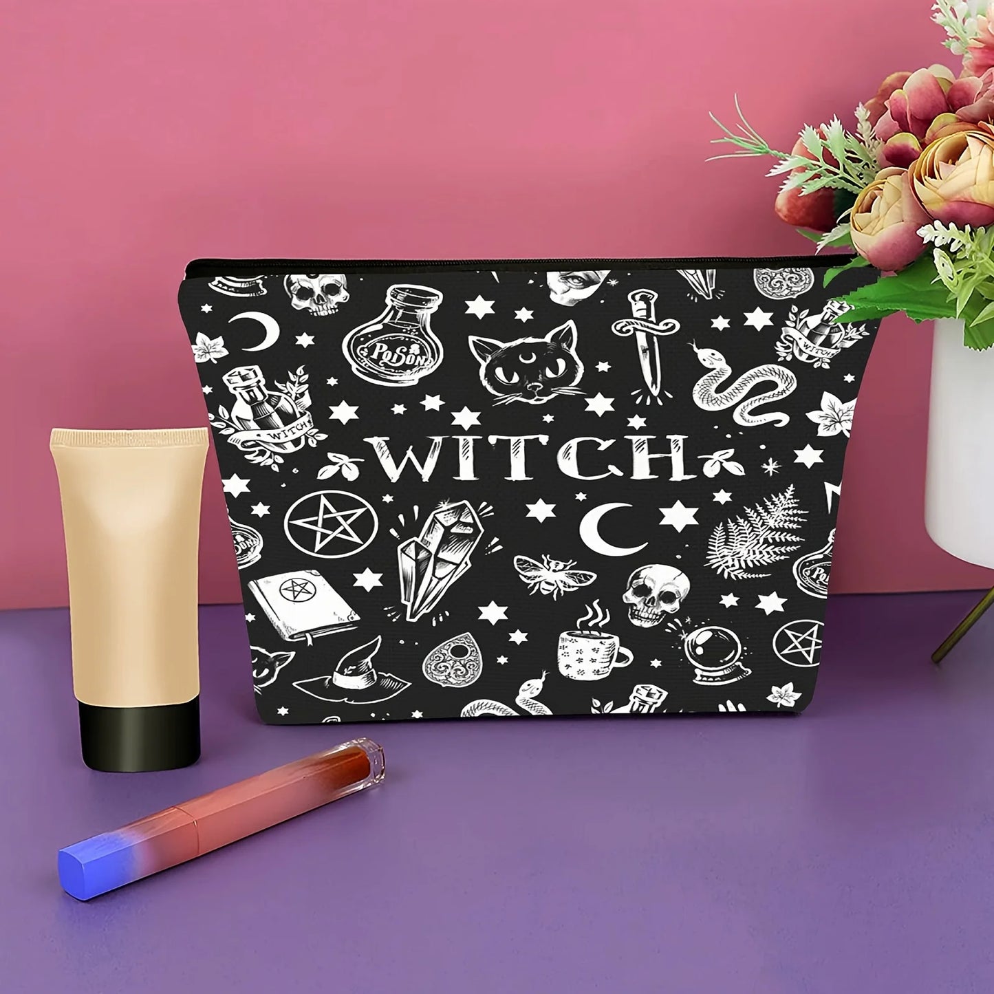 1pc Chic Skull Print Makeup Bag Linen Fabric Travel Cosmetic Pouch with Zipper And Toiletry Organizer for Women