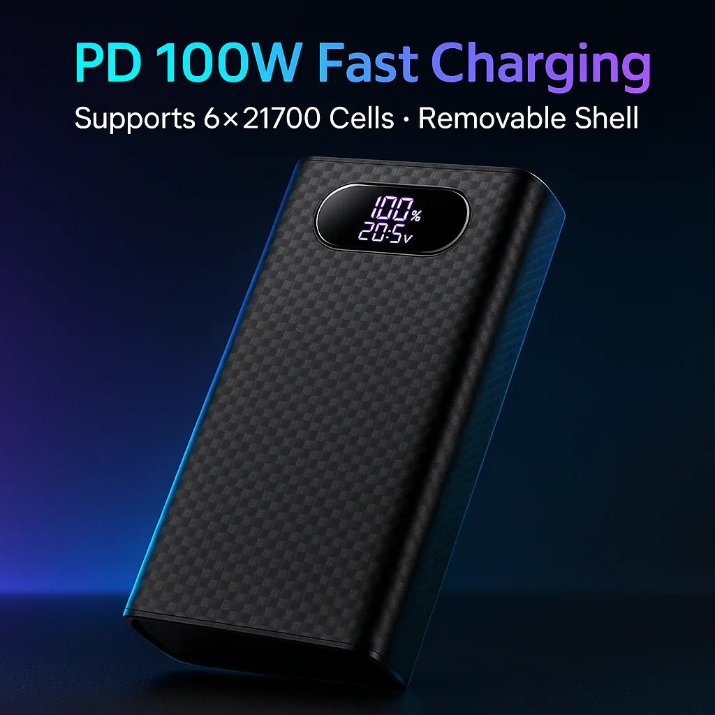6×21700 DIY Power Bank Case - 100W PD Fast Charging, Tool-Free Removable Shell for Laptop & Multi-Device