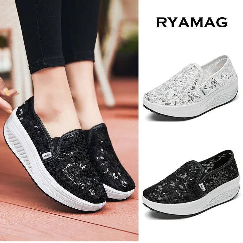 Lace Flats Platform Women Sport Shoes Mesh Breathable Sneakers Summer New Casual Sandals Running Beach Rocking Dance Shoes