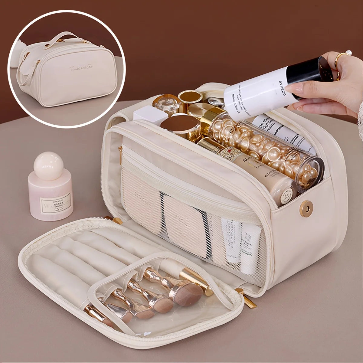 Multifunctional Makeup Bag For Women PU Leather Large Capacity Portable Double Zipper Travel Makeup Brush Toiletries Storage Bag