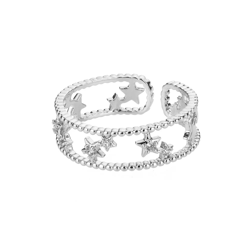 Zircon Double Star Rings For Women Gold Color Stainless Steel Opening Stars Finger Ring Wedding Party Aesthetic Jewelry Gift