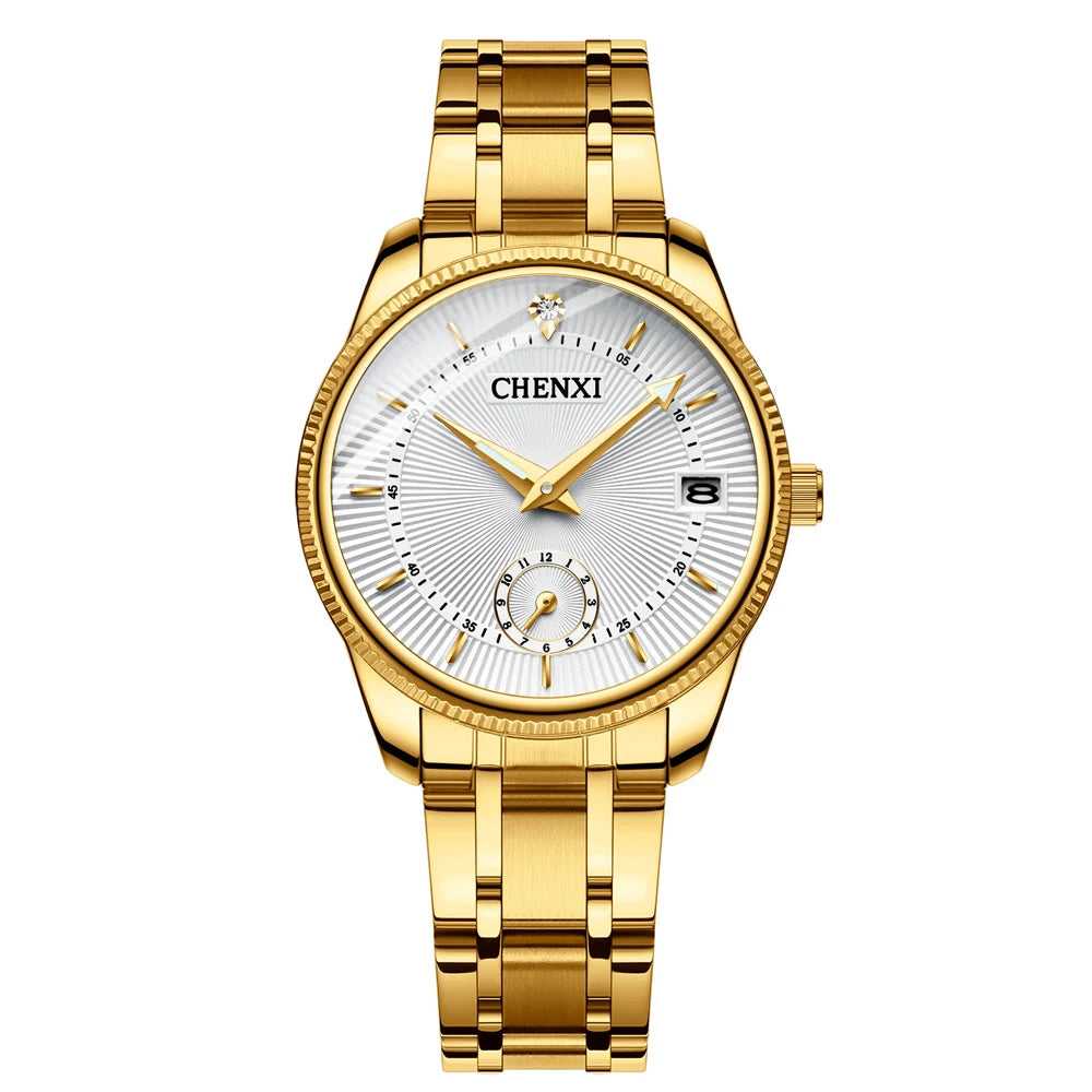 CHENXI Fashion Couple Golden Watches Casual Men and Women Quartz Watch Stainless Steel Luminous Calendar Waterproof Wristwatch