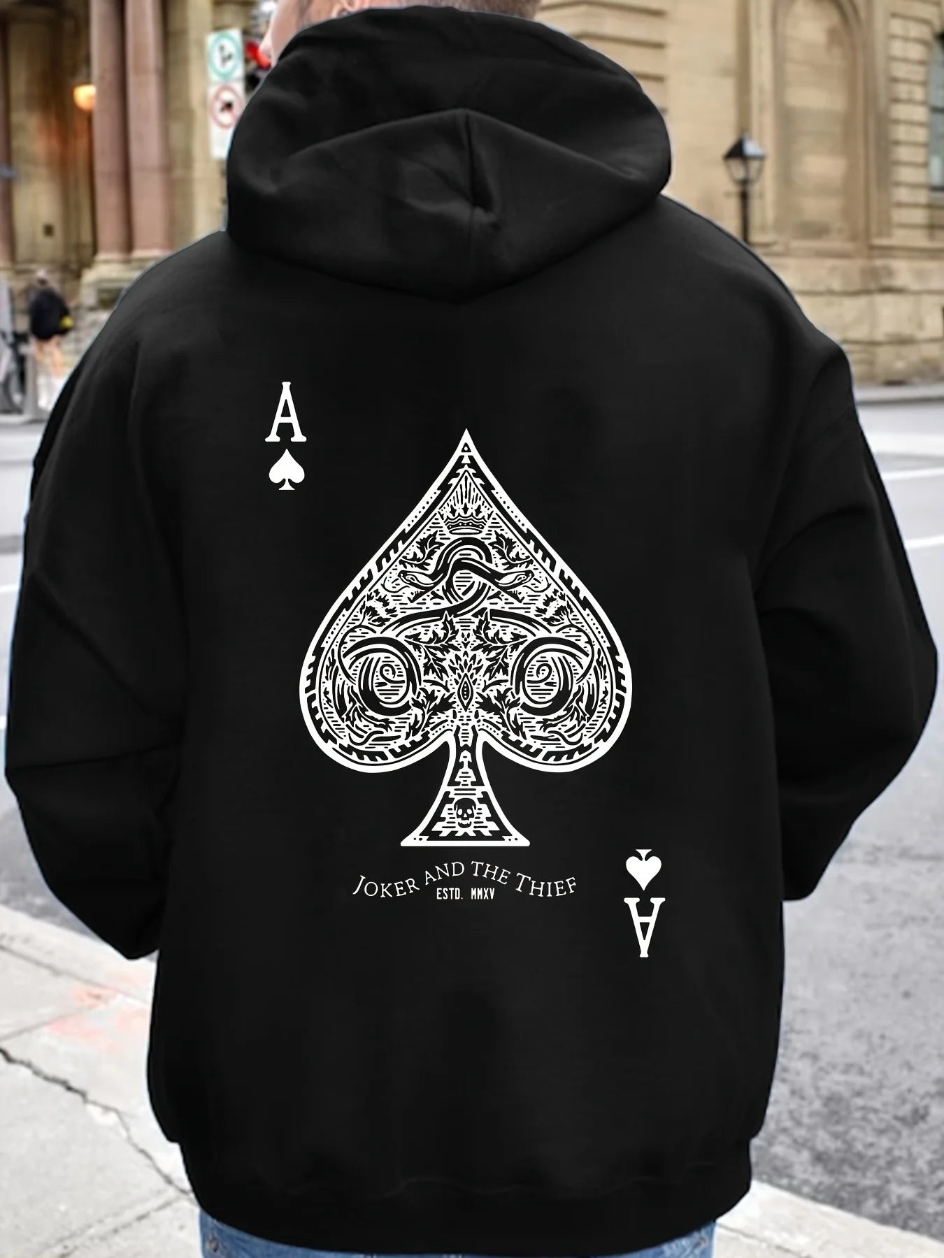 Men's autumn and winter casual fashion loose back poker card A graphic printed long sleeved hooded sweatshirt warm pullover
