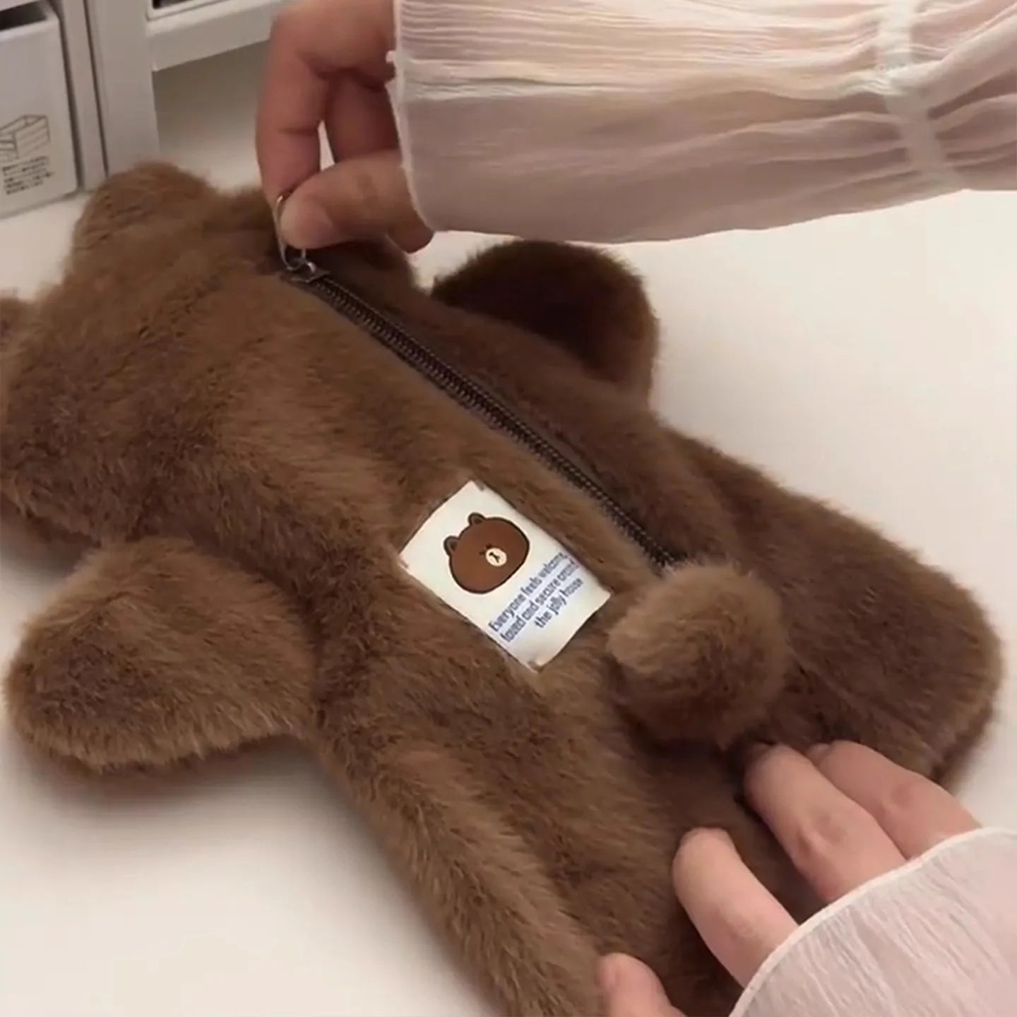 Kawaii Plush Brown Cartoon Bear Alien Pencil Case Student Stationery Large Capacity Storage Pen Bag Cute Girl Makeup Bag Gifts