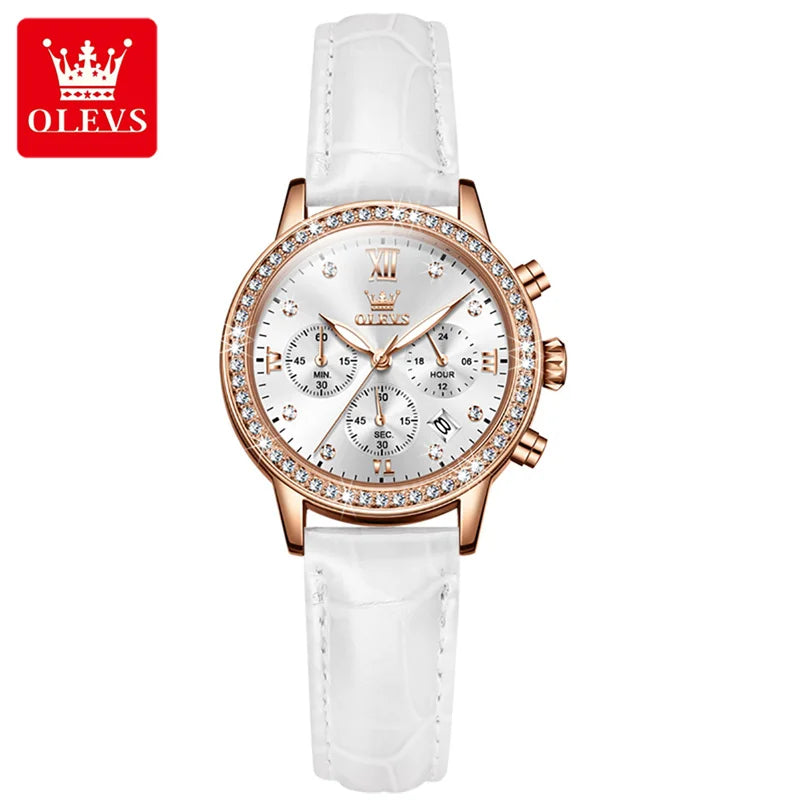 OLEVS Fashion Diamond Watches For Women Luxury Brand Rose Gold Case Ladies Quartz Watch White Leather Strap reloj para mujer