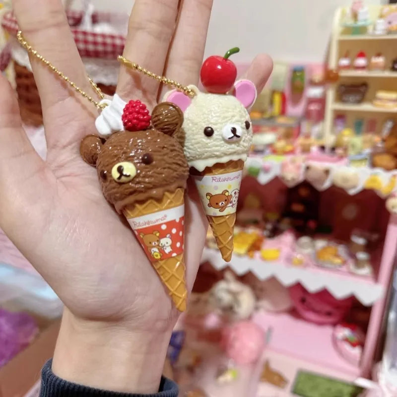 Anime Fiugre Rilakkuma Ice Cream Bear Bead Cute Kawaii Toy Chain Hanging Bag Blind Box Toy Model Decoratoion Pendant Kids Gifts