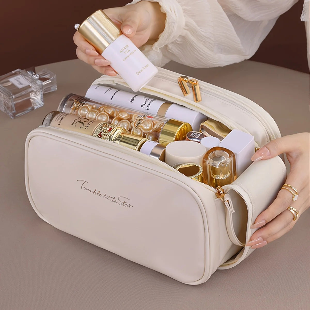 Multifunctional Makeup Bag For Women PU Leather Large Capacity Portable Double Zipper Travel Makeup Brush Toiletries Storage Bag