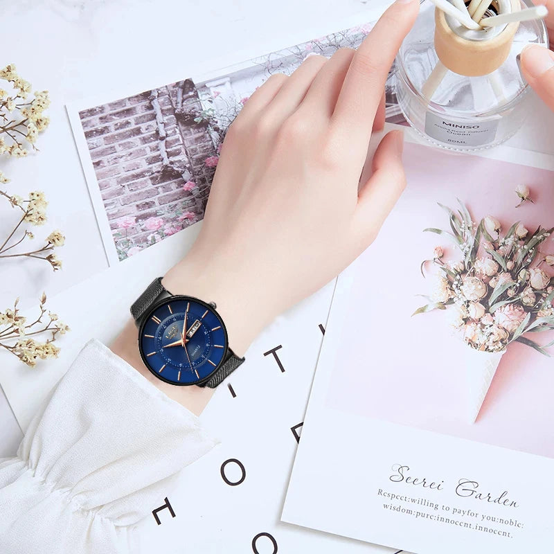 LIGE Women Watches Luxury Brand Ultra-thin Calendar Week Quartz Watch Ladies Mesh Stainless Steel Waterproof Gift reloj muje+Box