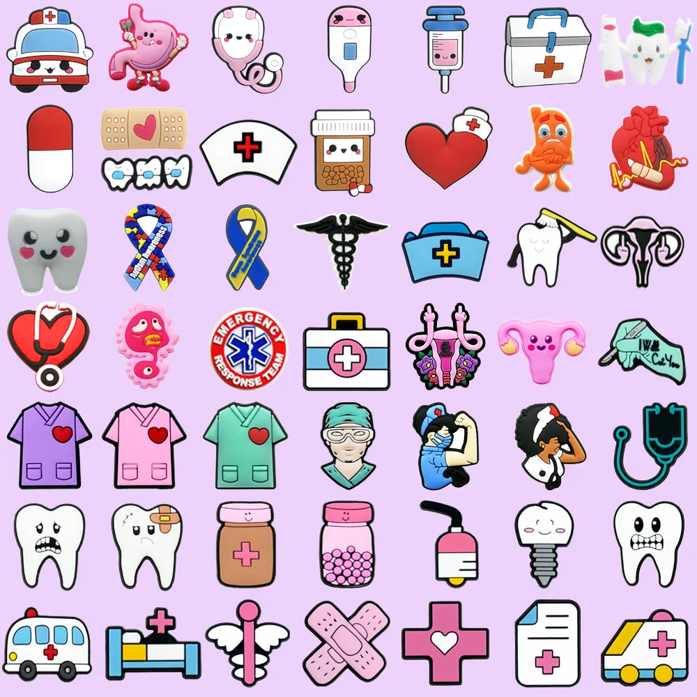 1/50PCS Cute Medical Style Shoe Charms,Heart Nurse Pill Pin Accessories for Sandals,Stethoscope Dental Shoes Clogs Buckle