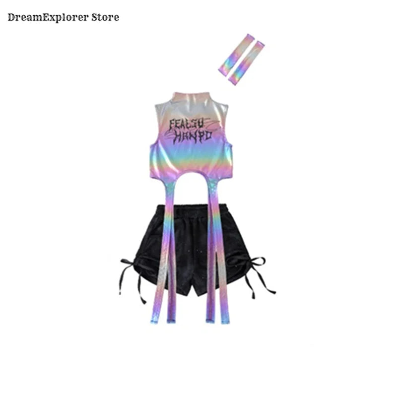 Girls Hip Hop Shiny Crop Top Silver Cargo Pants Kids K-pop Jazz Stree Dance Clothes Sets Children Streetwear Girl Group Costume