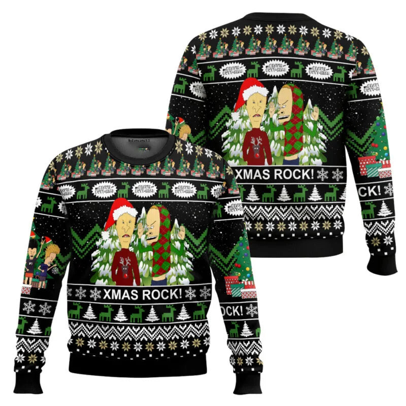 Xmas Rock Beavis and Butthead Ugly Christmas Sweater Cartoon Anime Women Men Pullover Tops New Fashion Couple Hoodie Sweatshirt