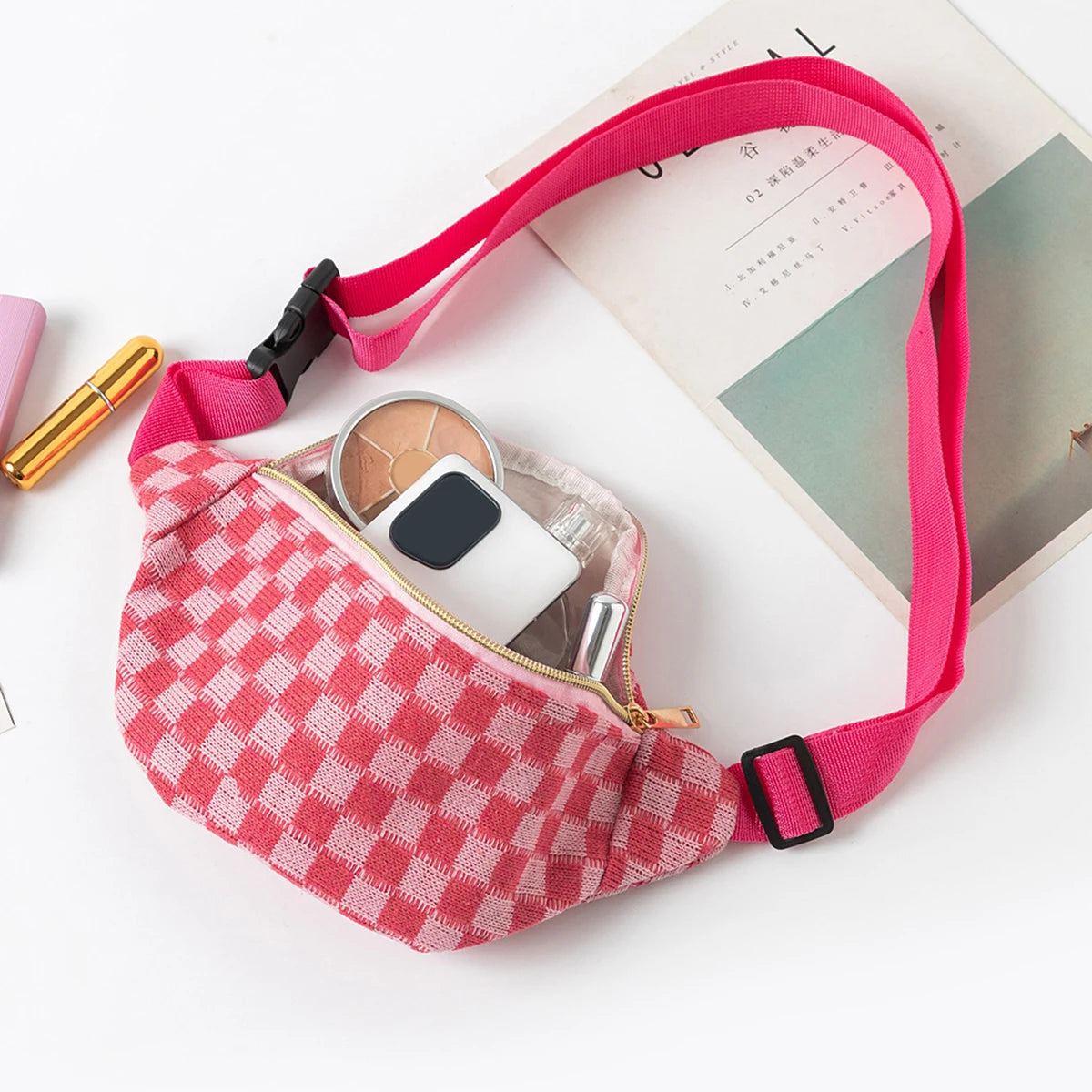 Checkered Waist Bag, Adjustable Belt Storage Bag, Small Crossbody Bag, Portable Travel Makeup Bag, Cute Plaid Pattern Makeup Bag