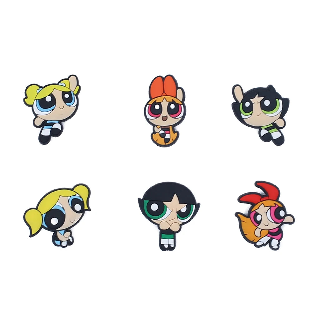 1-9pcs Power Girl Cartoon PVC Shoe Charms DIY Sandals Shoe Buckles Pins Series Shoe Decoration Accessories Friends Gifts