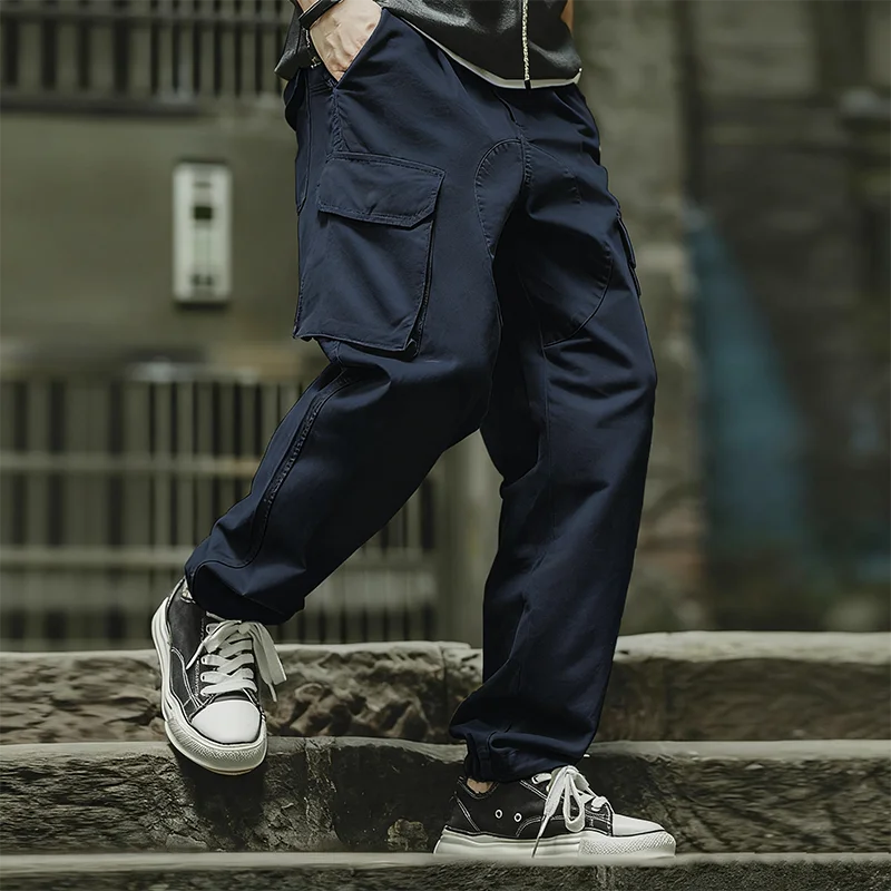 Men's vintage British Royal Navy pants, pure cotton tapered cargo pants, all-season casual large-pocket straight-cut long pants