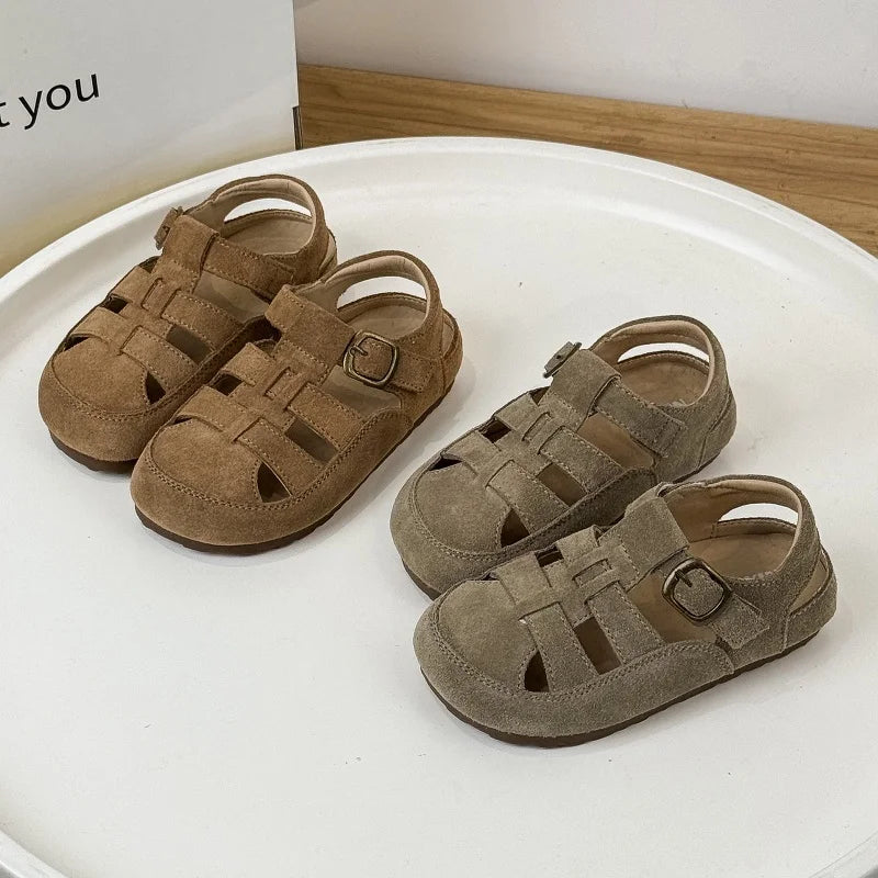 Children' Simple Elegant Baotou Sandals 2026 Summer New Product Genuine Leather Casual Comfortable Single Shoes Boys Girls Suede