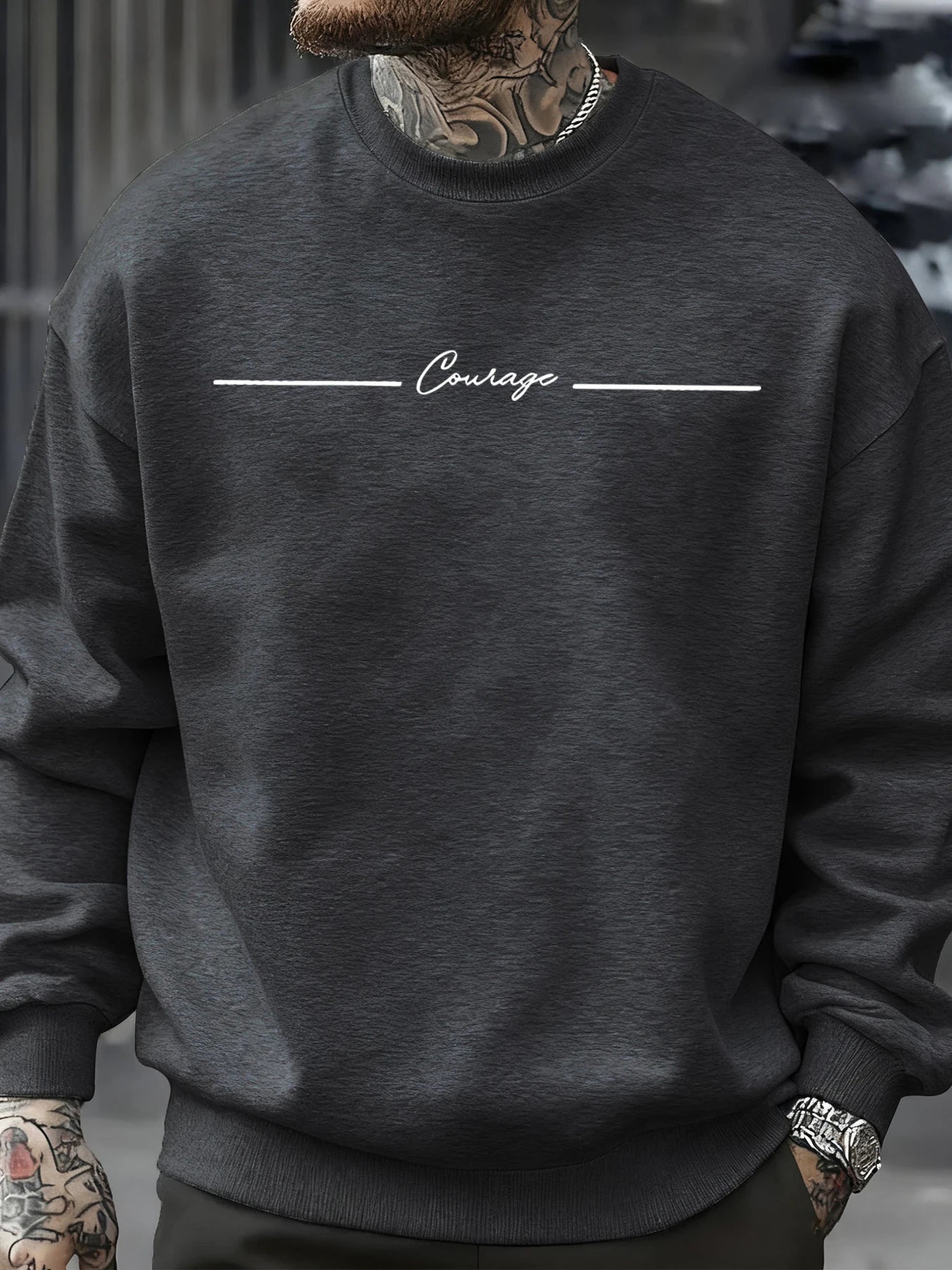 Courage Simple Line Pattern Men Sweatshirt Hip Hop Autumn Pullover All-Match Crewneck Clothing Fleece Casual Fashion Tops