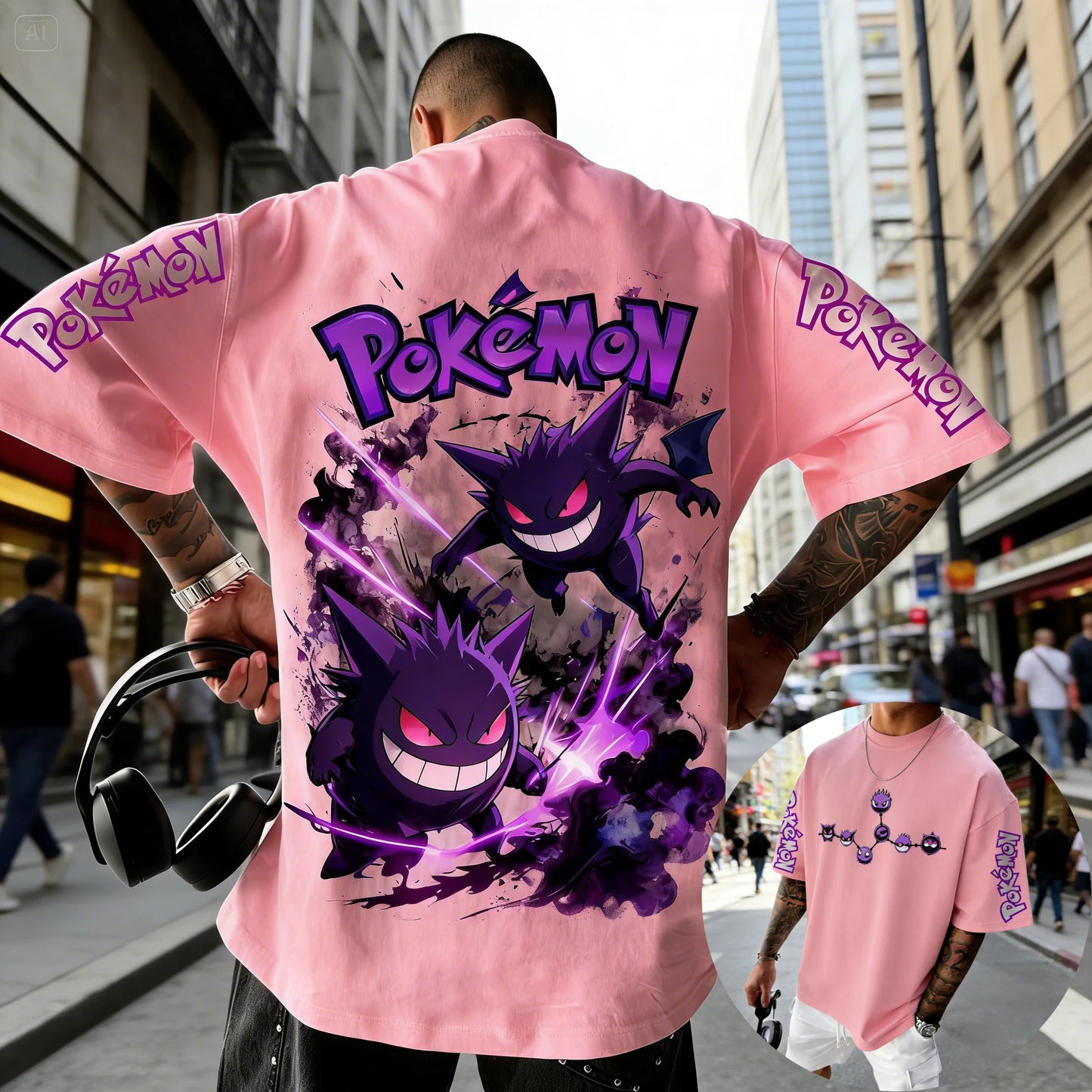 Men's T Shirt Sports T Shirt Short Sleeve T Shirt Purple Gengar Back Print Red Eyes Sharp Teeth with Smoke Sleeve Patterns