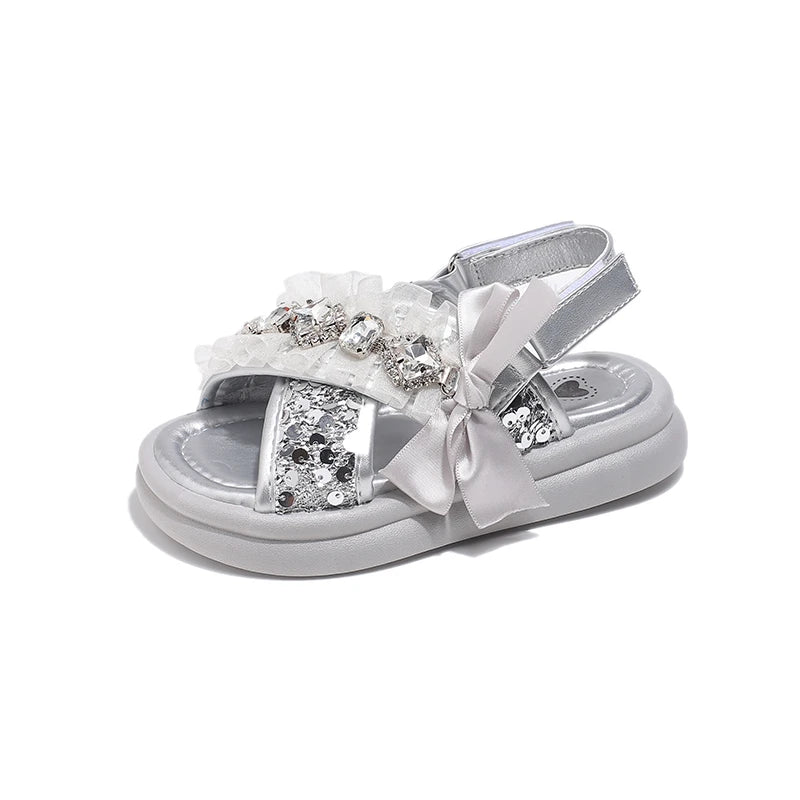 Kids'Casual Shoes Fashion Sandals PU Leather Crystal Sequin Summer Shoes For Girls Breathable Silver Shoes Size 26-37