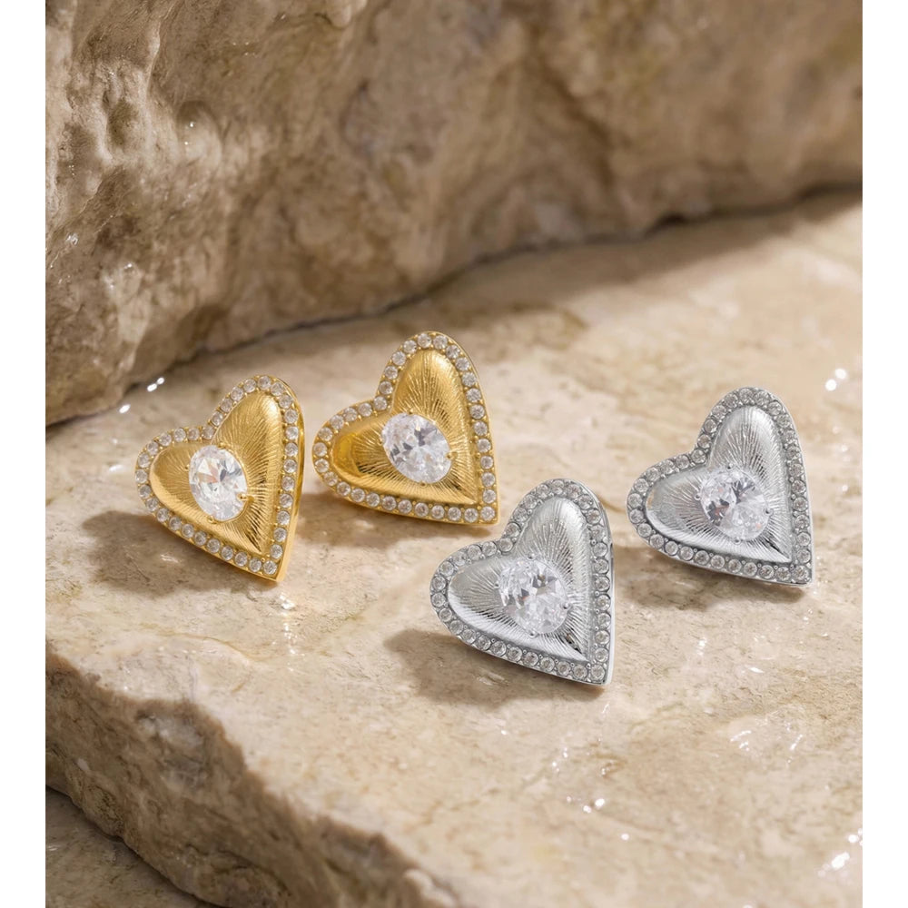 Yhpup High Quality Stainless Steel Cubic Zirconia Heart Love Stud Earrings Valentine's Day Gift Delicate Charm Aesthetic Jewelry