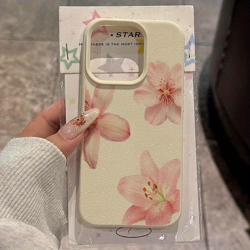 Hibiscus Rosa-Sinensis Imitation Leather Phone Case for iPhone 16 E 15 14 Plus 13 12 11 Pro Max XS Max XR XS X Shockproof Cover