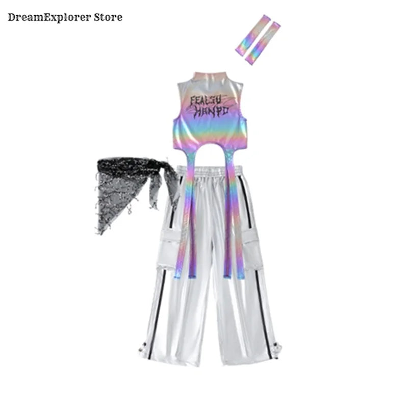 Girls Hip Hop Shiny Crop Top Silver Cargo Pants Kids K-pop Jazz Stree Dance Clothes Sets Children Streetwear Girl Group Costume