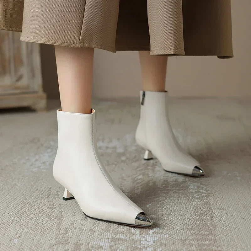 NEW Autumn Women Boots Modern Boots Women Shoes Pointed Toe Thin Heel Retro Ankle Boots High Heels Winter Ladies Shoes White