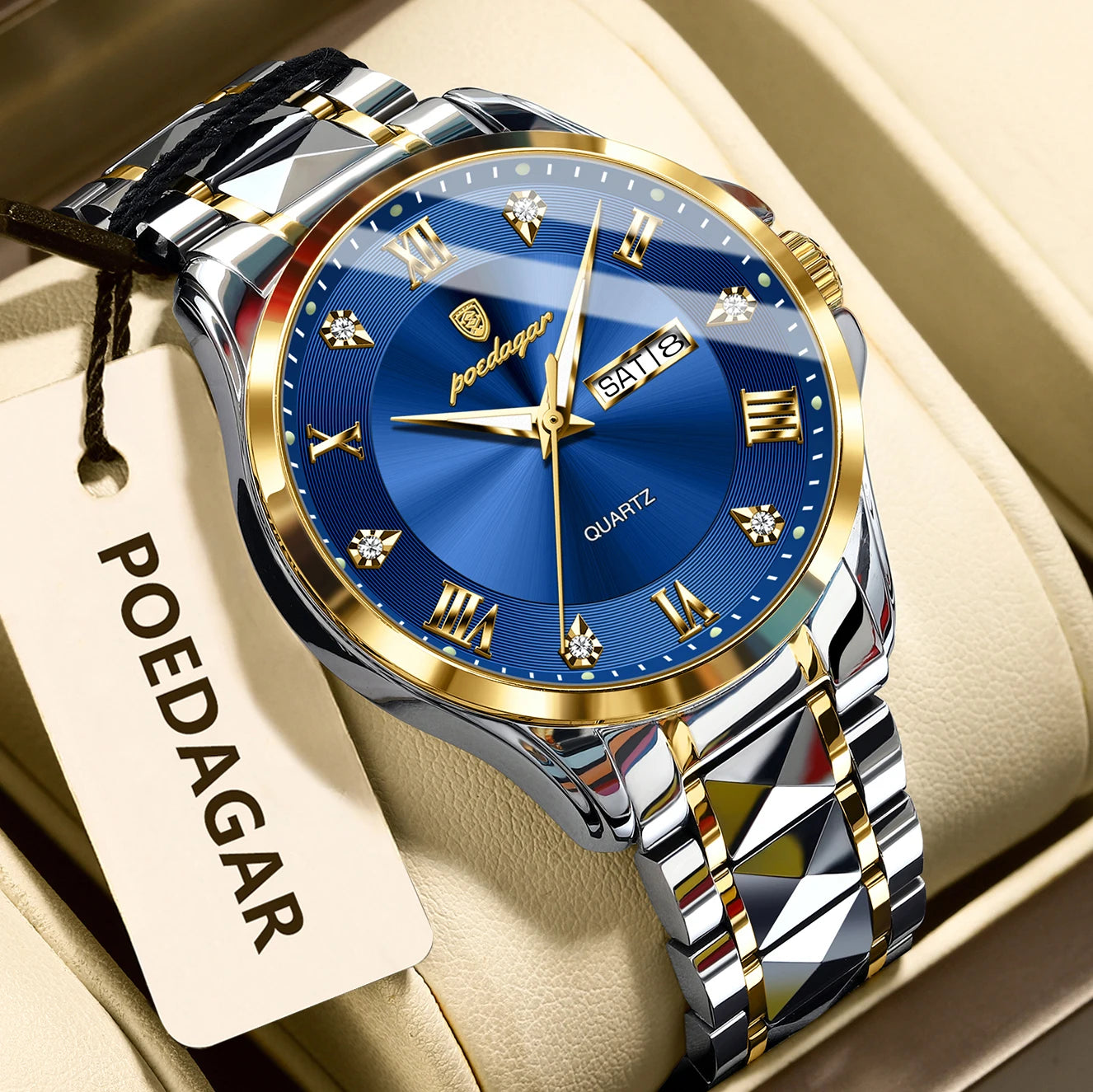 POEDAGAR Luxury Man Wristwatch Waterproof Luminous Date Week Men Clock Stainless Steel Business Men's Watches Quartz Male Reloj
