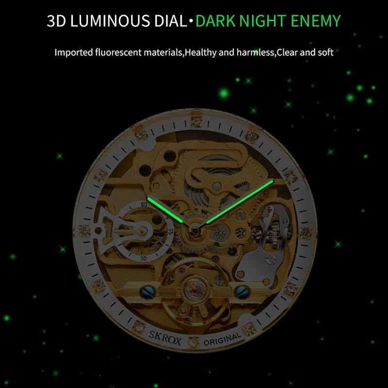 2024SKROX Luxury Gold Diamond Octagonal Automatic Clock Man Watch Elegant Stainless Steel Skeleton Mechanical Male Wrist Watches