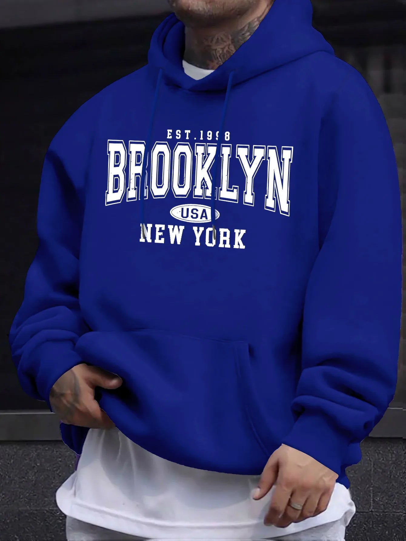 Men's autumn and winter casual fashion loose Brooklyn New York letter printed long sleeved hooded sweatshirt warm pullover