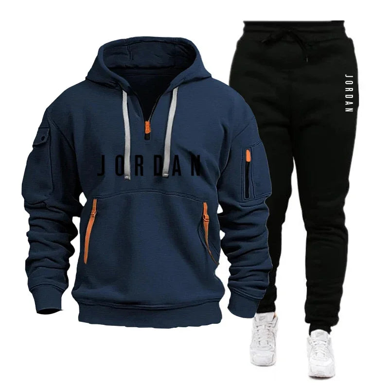 Autumn and winter men's sweatshirt set, fashionable and casual set, windproof thickened men's sportswear and pants 2-piece set