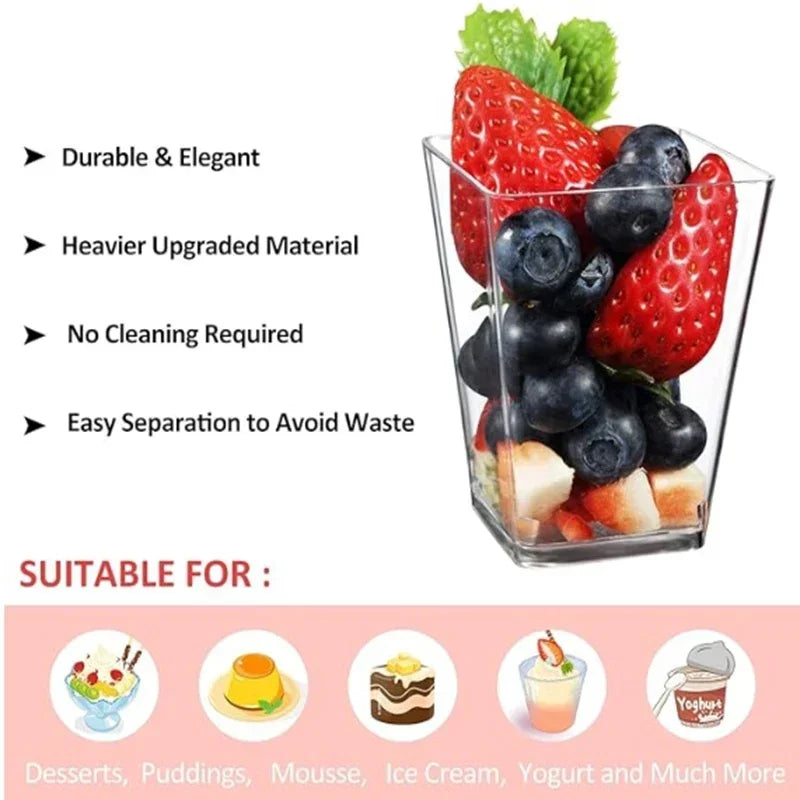 Mini Square Plastic Dessert Cups 40oz 20oz Clear Reusable Party Tableware for Mousse Pudding Yogurt Catering Events