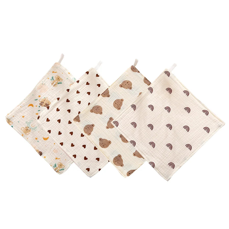 4pcs New Baby Washcloth Newborn Burp Cloth Square Towels Cute Koala Bear Pure Cotton Soft Absorbent Gauze Cotton Baby Towels