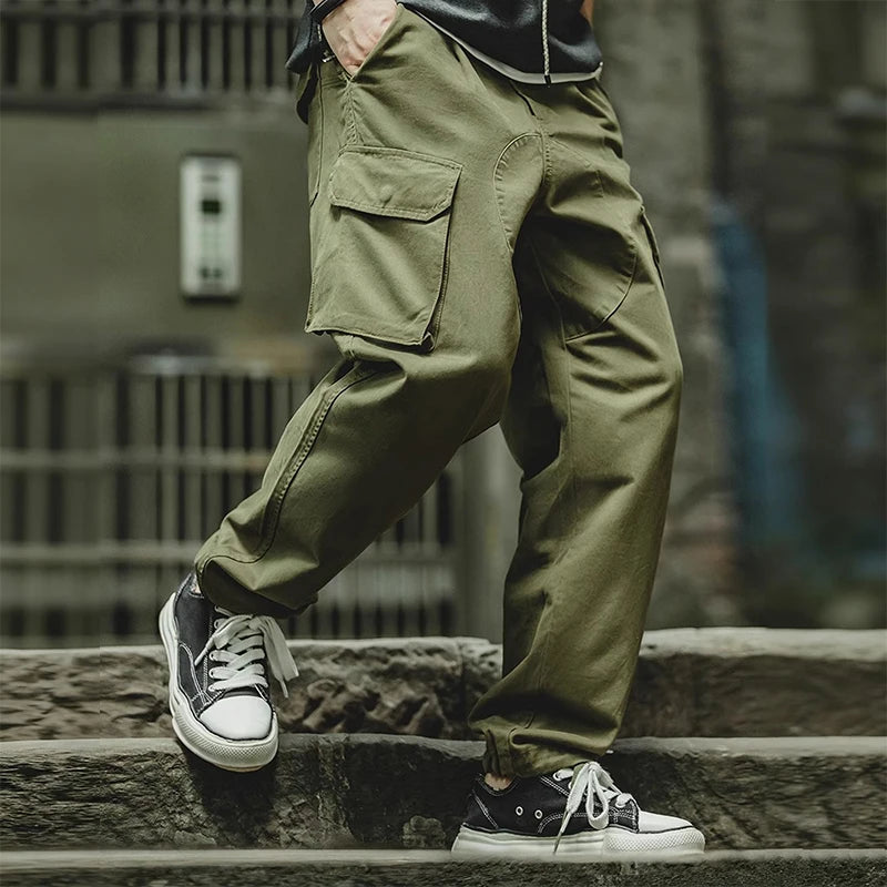 Men's vintage British Royal Navy pants, pure cotton tapered cargo pants, all-season casual large-pocket straight-cut long pants