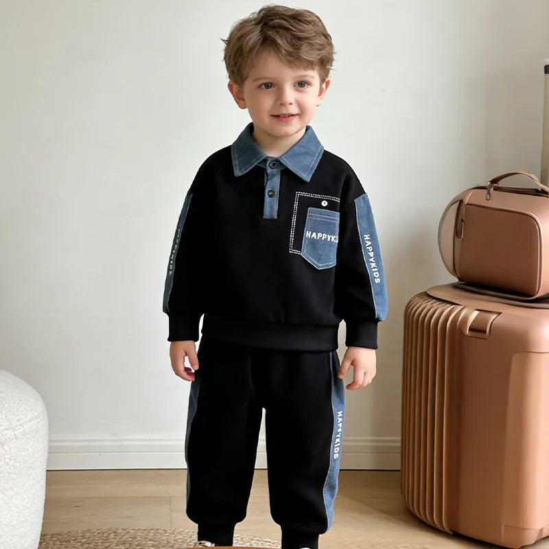 2026 Toddler Boys Clothes Set Spring Autumn Polo Collar Long Sleeve Sweatshirt Pants 2 Piece Outfits Kids Boys Casual Tracksuit