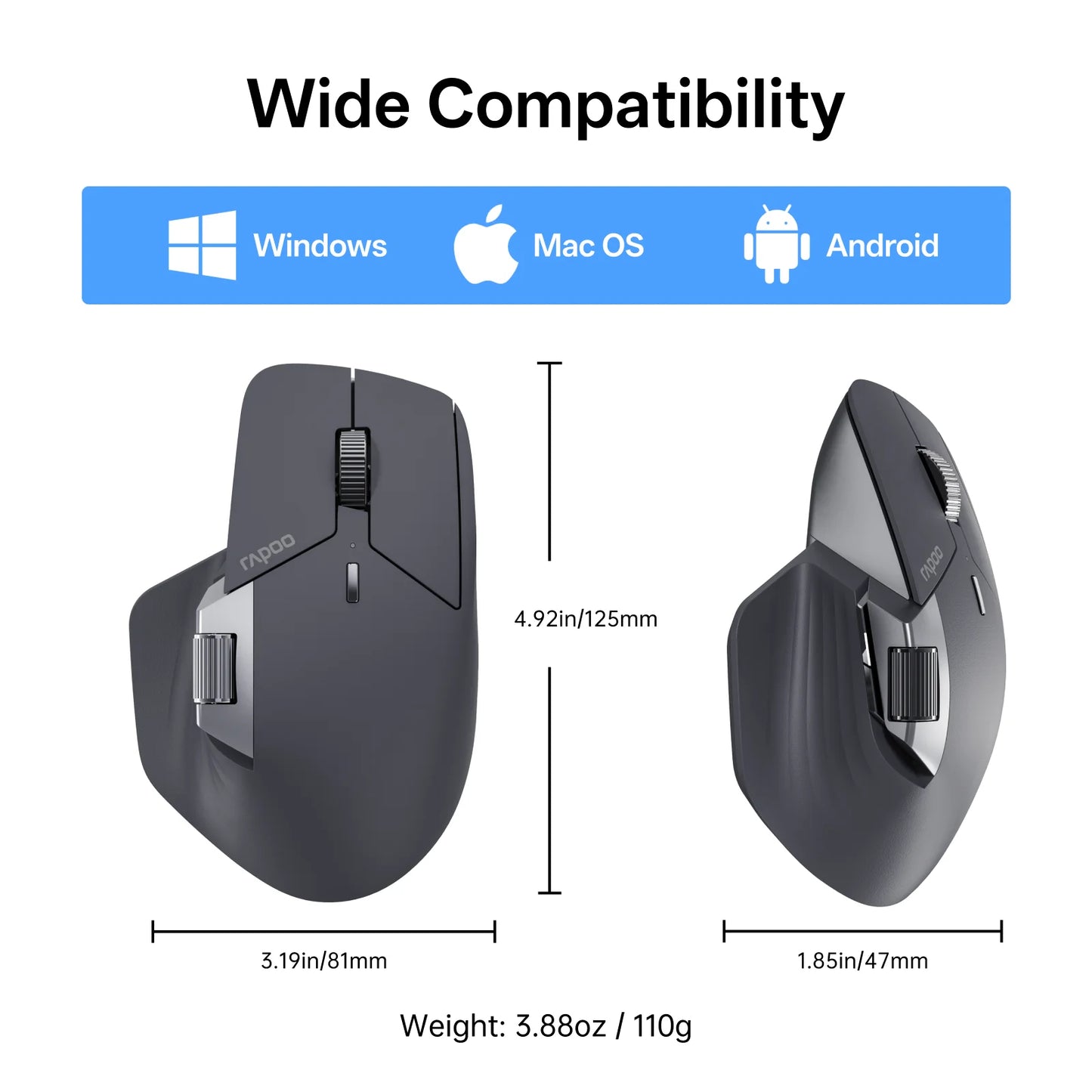 Rapoo MT720PRO Wireless Mouse NearLink + Bluetooth 5.0 Multi-Device 12000 DPI 2K Polling Rate Ergo for Work Gaming Quiet Clicks