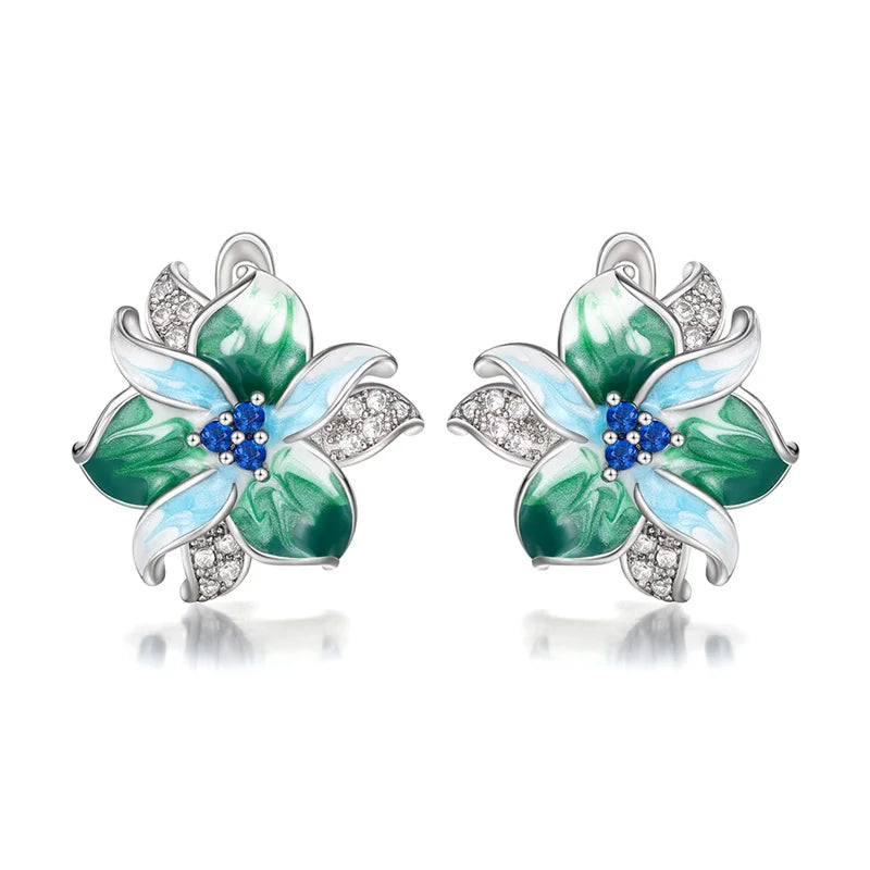 Huitan Vintage Enamel Flower Dangle Earrings Women Temperament Blue Trumpet Flower Long Earrings Wedding Party Aesthetic Jewelry