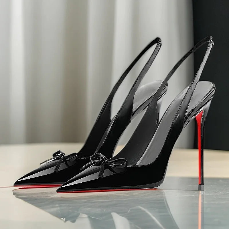 2025new black nude wine red patent leather pointed small bow back empty style plus size red bottom socialite high-heeled sandals
